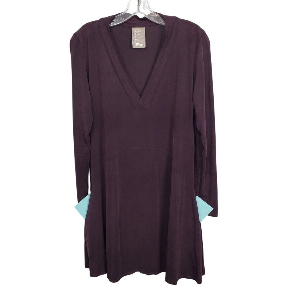Dolan Left Coast Size M Dress Long Sleeve Silky Swing V Neck Relaxed Fit Pockets - Picture 11 of 11